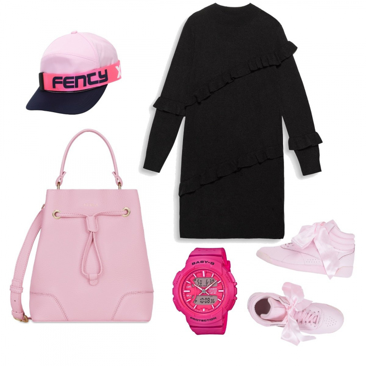 Outfit donna - Rosa Furla. Stile Urban per Tutti i giorni. Abbinamento con sneakers alte, cappelli con visiera, vestito nero, orologi, borsa a mano secchiello.