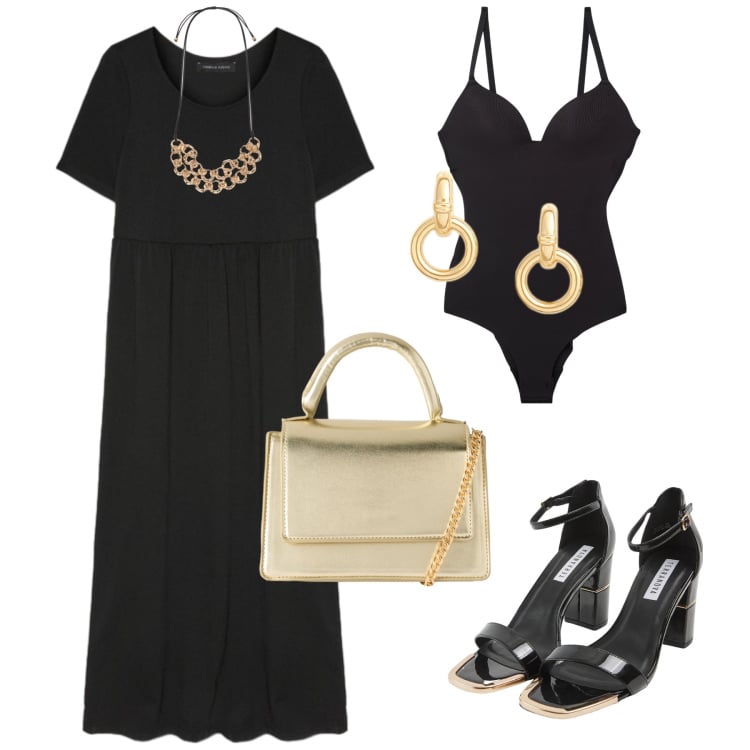 Outfit donna - Total look #2218522. Stile Chic per Serata fuori. Abbinamento con sabot, borse a tracolla, body, orecchini, vestiti lunghi, collane.