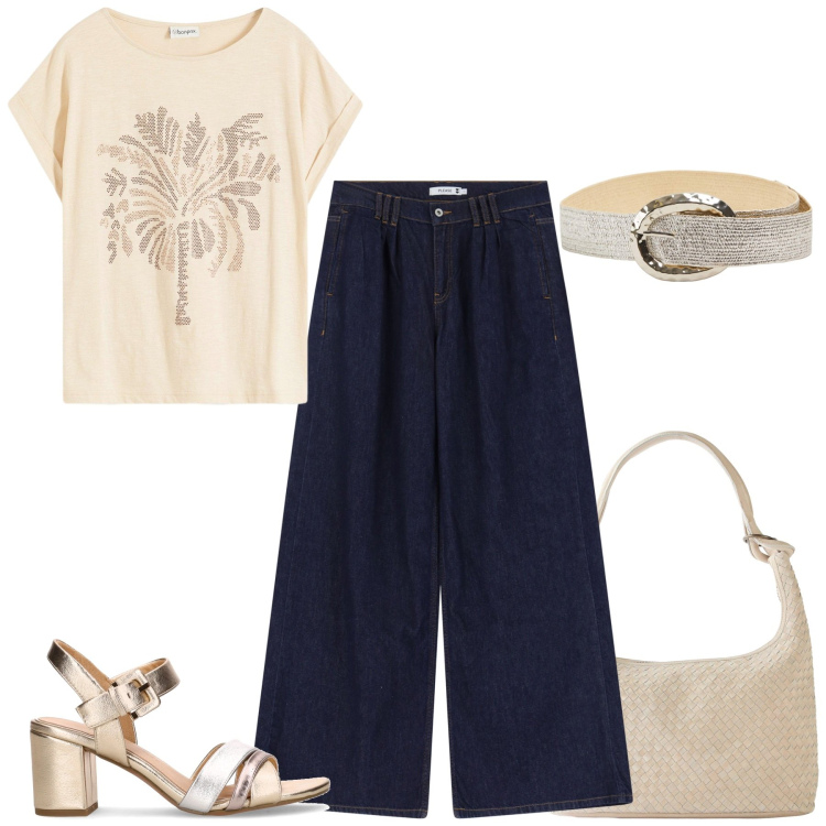 Outfit donna - Sandali estivi: estate ai tuoi piedi. Stile Casual chic per Tutti i giorni. Abbinamento con t-shirt, shopping bag, cinture, jeans, sandali col tacco.