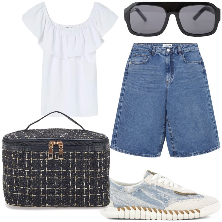 Outfit donna - Il beauty case tipo Chanel. Stile Casual chic per Tutti i giorni. Abbinamento con bermuda, bluse, occhiali da sole, valigie, sneakers.