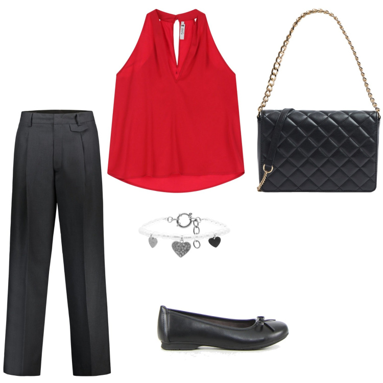 Outfit donna - Uscita con amici. Stile Casual chic per Serata fuori. Abbinamento con borse a tracolla, top, braccialetti, pantaloni, ballerine.