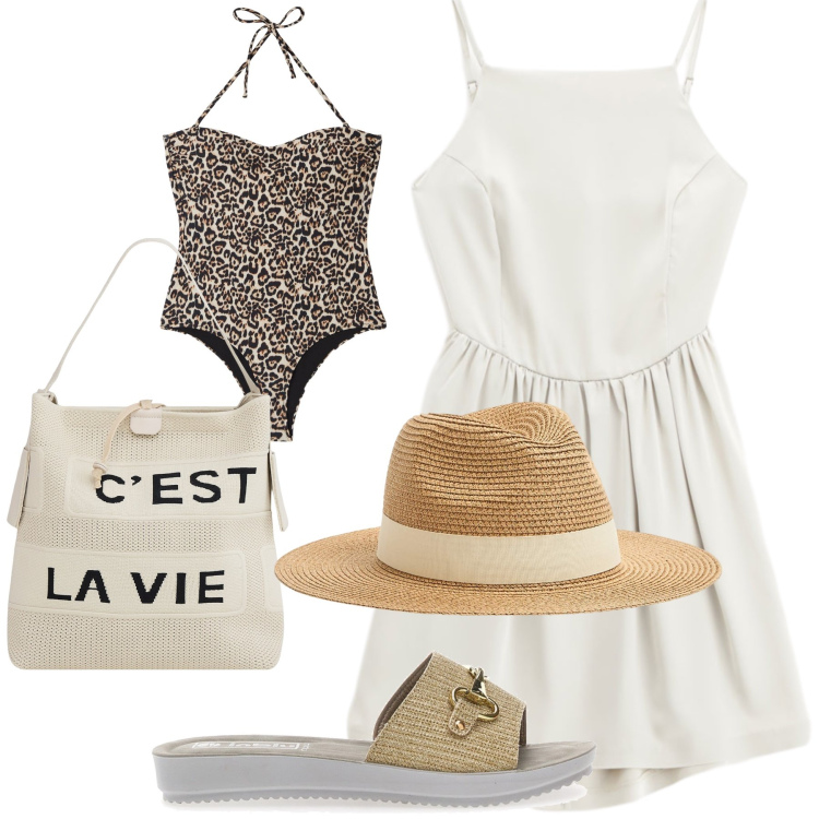 Outfit donna - In spiaggia al mattino presto. Stile Glamour per Mare. Abbinamento con cappelli, costumi interi, borse a mano, vestiti corti, ciabatte.