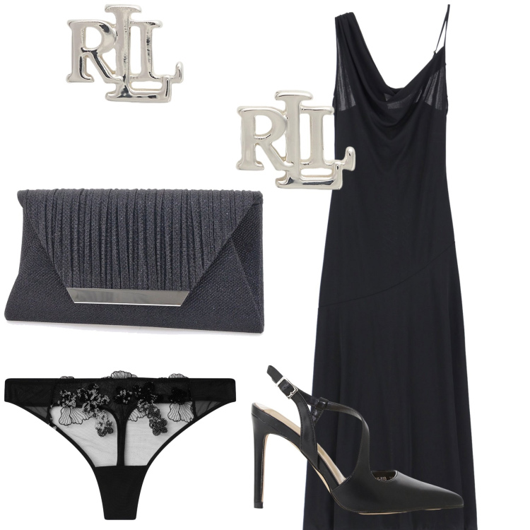 Outfit donna - Black dress code. Stile Chic per Serata fuori. Abbinamento con perizomi, décolleté, vestiti lunghi, orecchini, pochette.