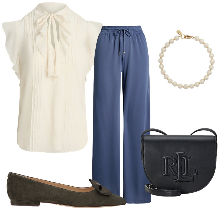 Outfit donna - Lauren look. Stile Bon Ton per Tutti i giorni. Abbinamento con ballerine, borse a tracolla, pantaloni, braccialetti, camicie a manica corta.