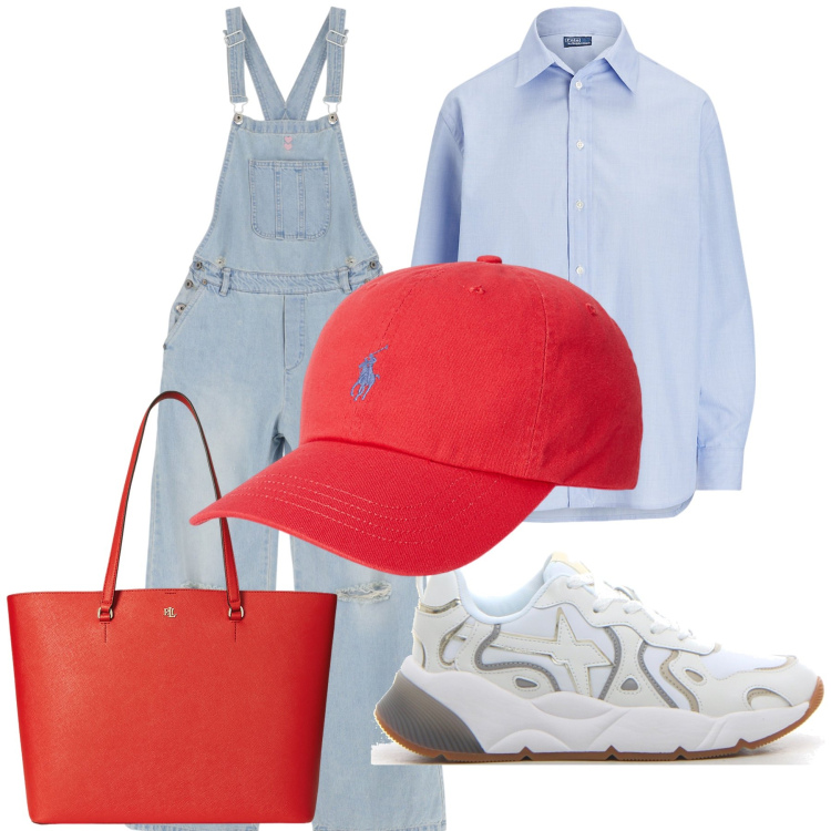 Outfit donna - Ferragosto in campagna. Stile Casual chic per Tutti i giorni. Abbinamento con salopette, camicie, cappelli, borse tote, sneakers.
