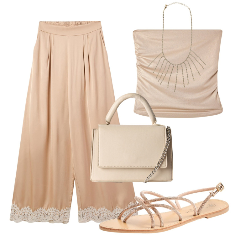 Outfit donna - Total look #2218813. Stile Romantica per Mare. Abbinamento con pantaloni a palazzo, sandali, borse a tracolla, top, collane.