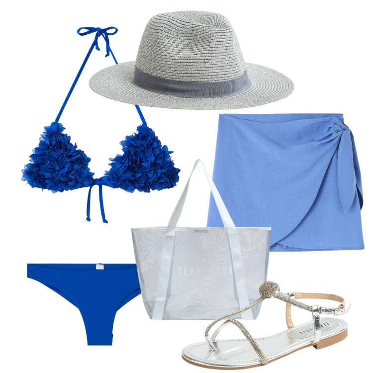Outfit donna - Cosa mettere in valigia. Stile Trendy per Mare. Abbinamento con vestiti da spiaggia, bikini, bikini, cappelli, ciabatte, shopping bag.