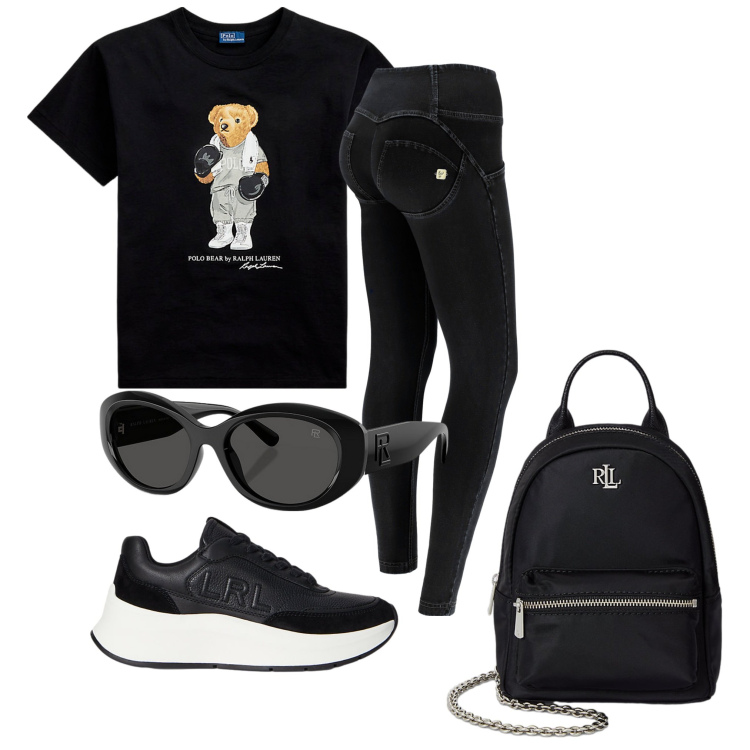 Outfit donna - In giro con le amiche. Stile Sporty chic per Sport. Abbinamento con jeggings, occhiali da sole, sneakers, zaini, t-shirt.