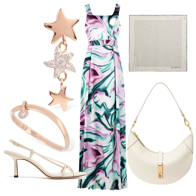Outfit donna - Evento estivo. Stile Chic per Serata fuori. Abbinamento con vestiti lunghi, borse a spalla, foulard, orecchini, anelli, sandali in pelle.