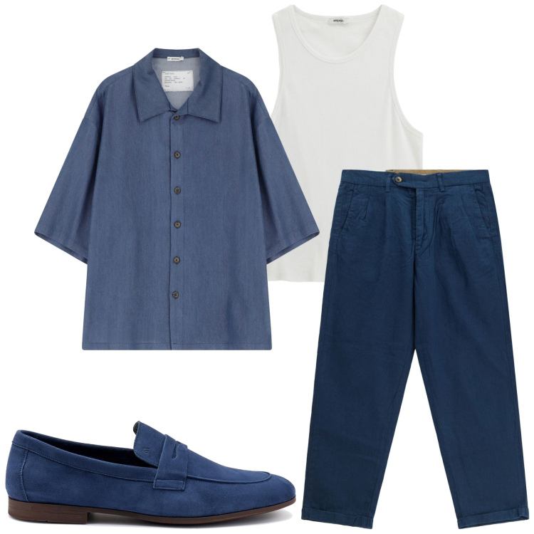Outfit uomo - In ufficio. Stile Urban per Ufficio. Abbinamento con pantaloni chino, canottiere, camicie a manica corta, scarpe stringate.