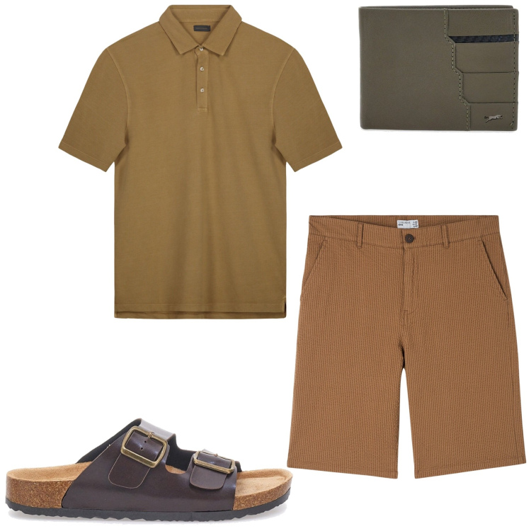 Outfit uomo - Mocha mousse. Stile Casual per Tutti i giorni. Abbinamento con bermuda, portafogli, sandali, polo.