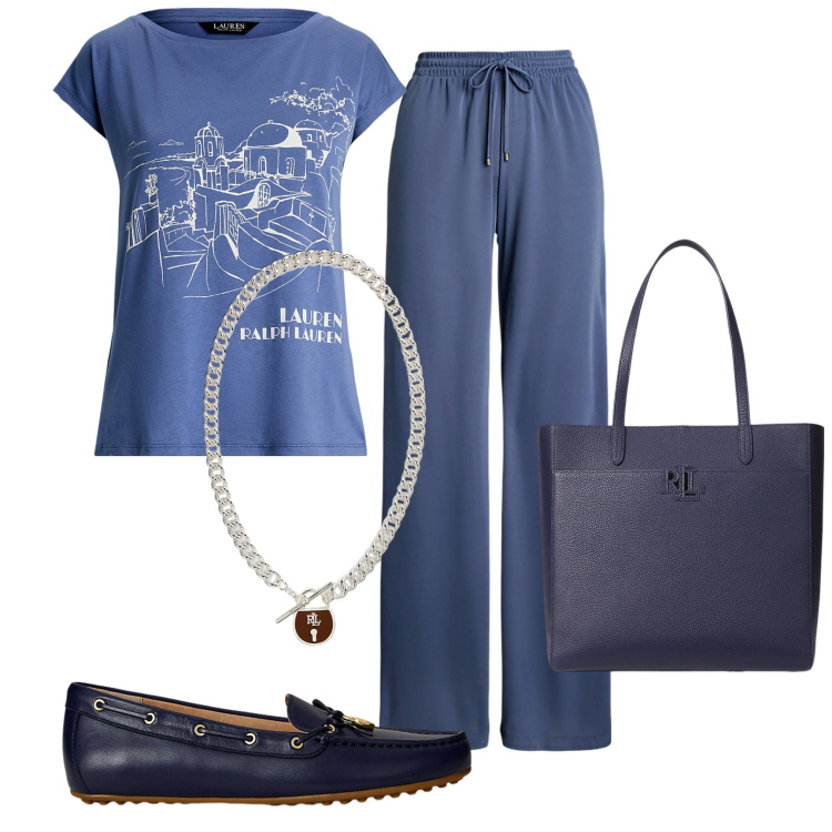 Outfit donna - Lauren 9. Stile Basic per Tutti i giorni. Abbinamento con pantaloni, t-shirt, borse tote, mocassini, ciondoli.