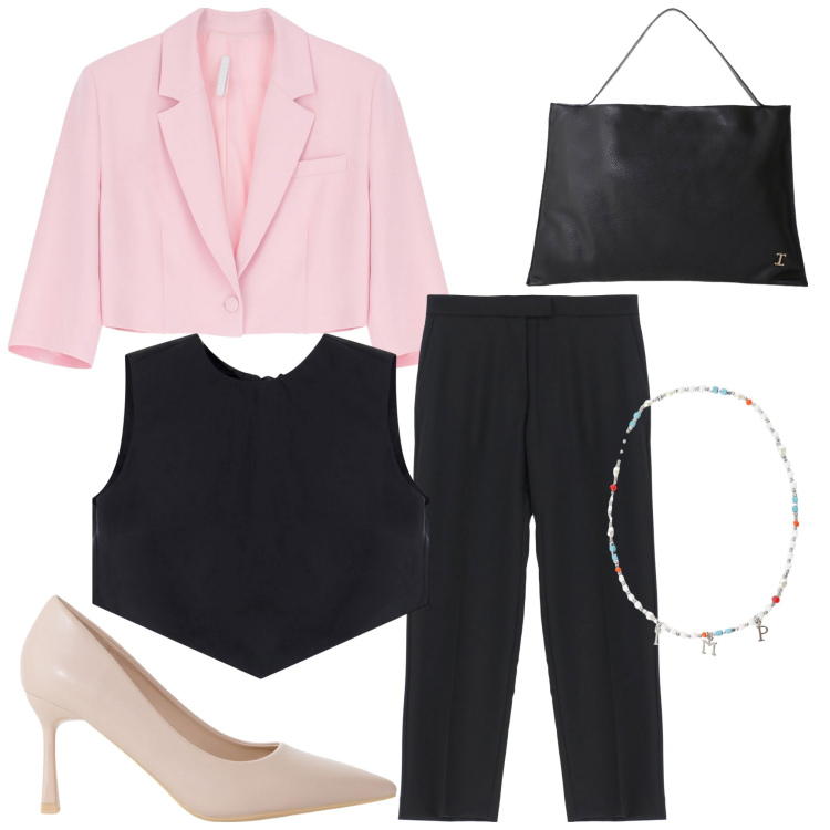 Outfit donna - Total Imperial. Stile Chic per Serata fuori. Abbinamento con décolleté, borse a spalla, top, collane, blazer, pantaloni.