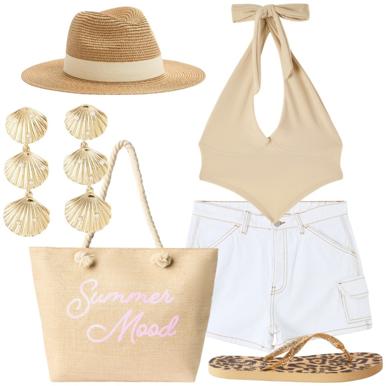 Outfit donna - Must have. Stile Casual chic per Tutti i giorni. Abbinamento con borse tote, cappelli, pantaloni corti, orecchini, canottiere, infradito.