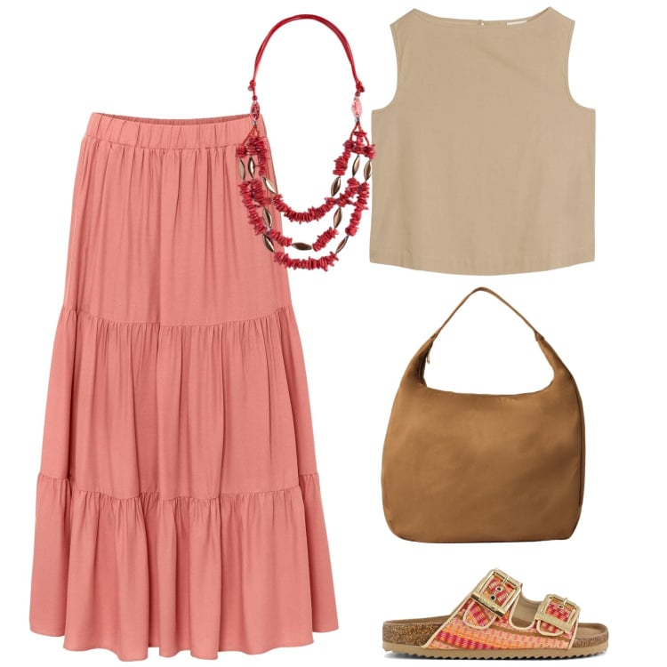 Outfit donna - La gonna a balze. Stile Casual per Tutti i giorni. Abbinamento con gonne longuette, top, borse a mano, sandali, collane.