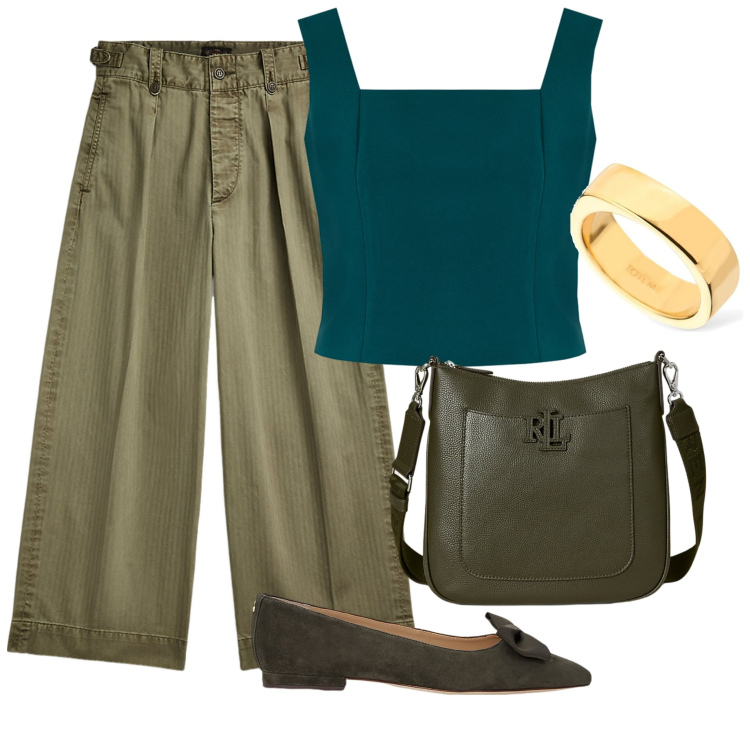 Outfit donna - Per il giorno. Stile Casual per Tutti i giorni. Abbinamento con top, pantaloni, ballerine, borse a tracolla, anelli.