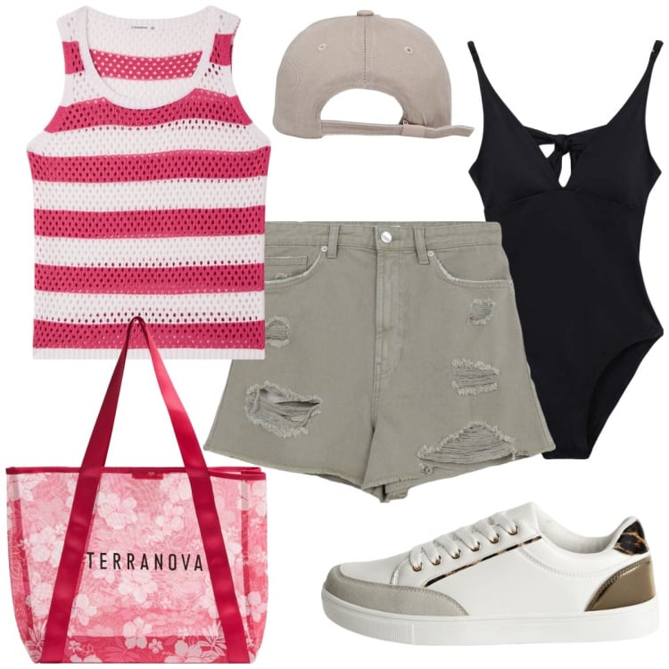 Outfit donna - Vacanze al mare. Stile Preppy per Mare. Abbinamento con sneakers, top, shorts, shopping bag, cappelli, costumi interi.