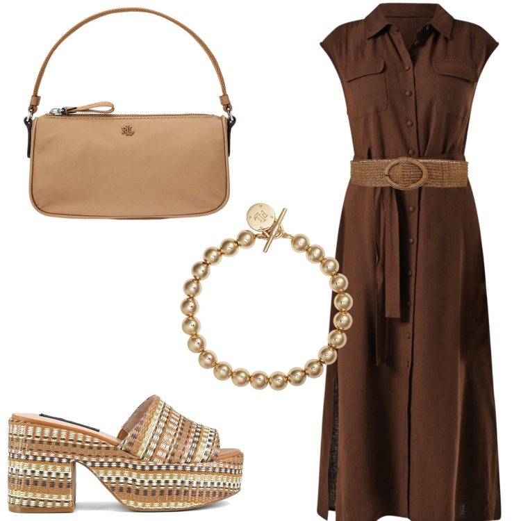 Outfit donna - Ultimi giorni in ufficio. Stile Casual chic per Ufficio. Abbinamento con cinture, vestiti chemisier, braccialetti, pochette, zeppe.