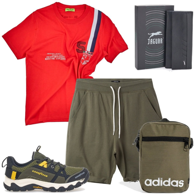 Outfit uomo - Classe. Stile Casual per Tutti i giorni. Abbinamento con pantaloni corti, t-shirt, portachiavi, stivali e stivaletti, borse sportive.