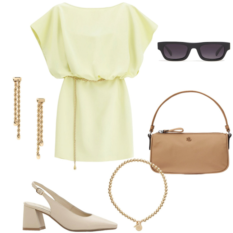 Outfit donna - Total look #2219018. Stile Trendy per Tutti i giorni. Abbinamento con décolleté, vestiti corti, collane, pochette, orecchini, occhiali da sole.