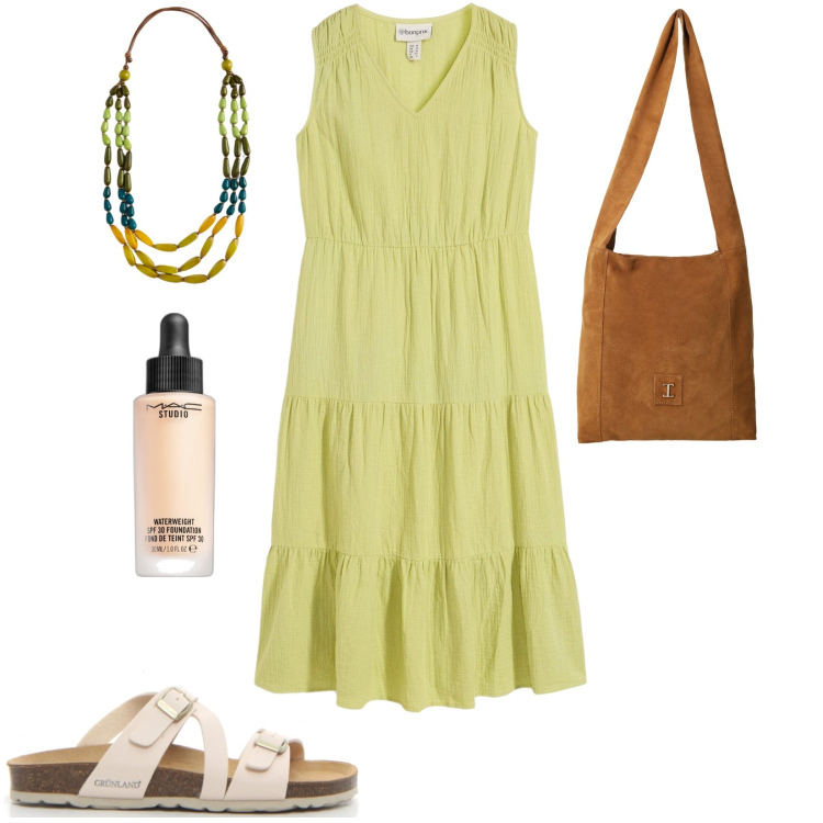 Outfit donna - Total look #2219023. Stile Casual per Tutti i giorni. Abbinamento con vestiti, fondotinta, borse a tracolla, collane, ciabatte.