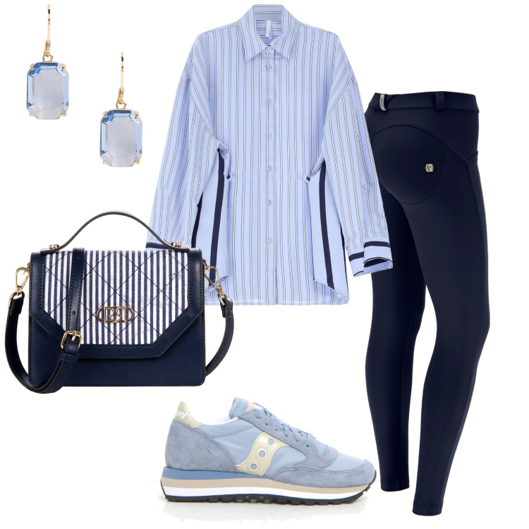 Outfit donna - Total look #2219024. Stile Urban per Tutti i giorni. Abbinamento con borse a mano, camicie, pantaloni skinny, orecchini, sneakers.