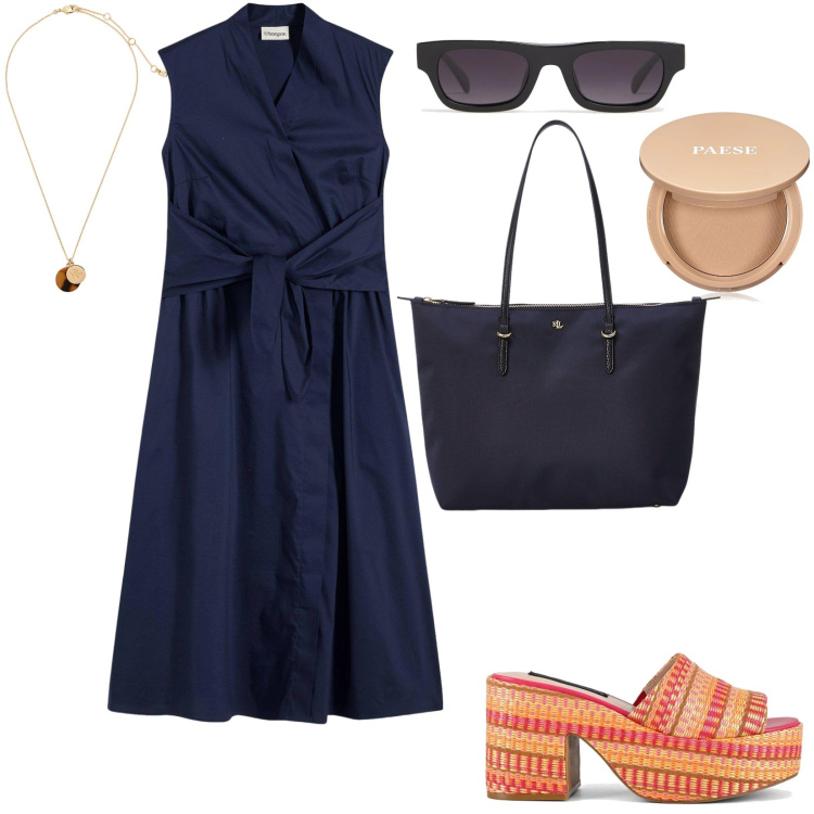 Outfit donna - Agosto in città. Stile Casual chic per Tutti i giorni. Abbinamento con vestiti, ciprie, borse tote, collane, zeppe, occhiali da sole.
