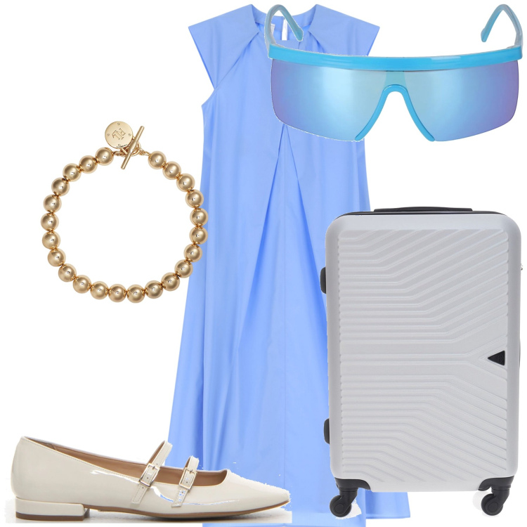 Outfit donna - Fresco abito da viaggio. Stile Bon Ton per Tutti i giorni. Abbinamento con vestiti lunghi, braccialetti, valigie, occhiali da sole, décolleté.