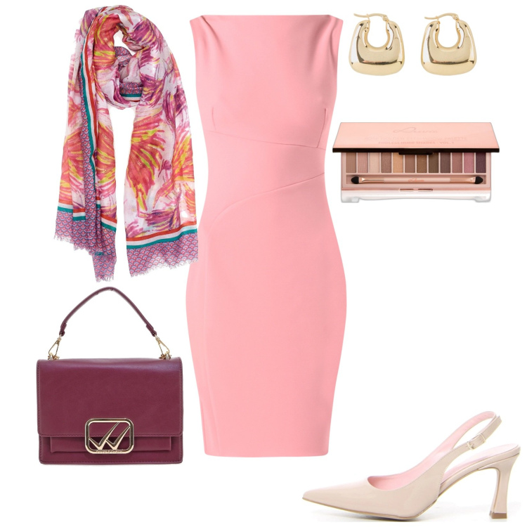 Outfit donna - Il tubino rosa. Stile Chic per Tutti i giorni. Abbinamento con orecchini, ombretti, vestiti a tubino, sciarpe, borse a tracolla, décolleté.