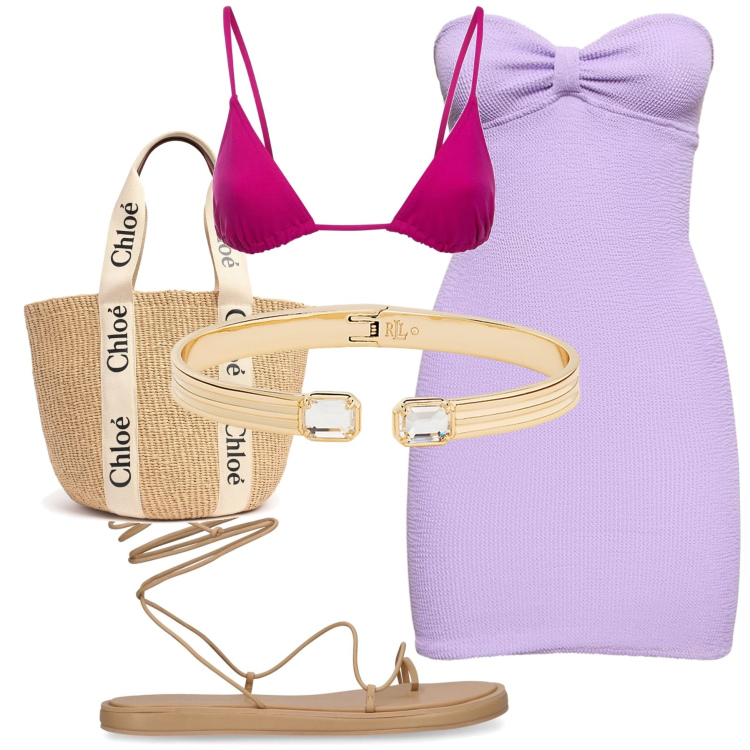 Outfit donna - Lilla e fucsia. Stile Chic per Mare. Abbinamento con braccialetti, vestiti, shopping bag, sandali in pelle, bikini.