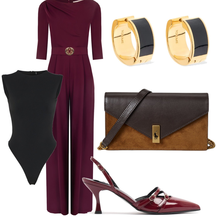 Outfit donna - Elegante ufficio in tuta. Stile Chic per Ufficio. Abbinamento con tute, clutch, orecchini, décolleté, body.