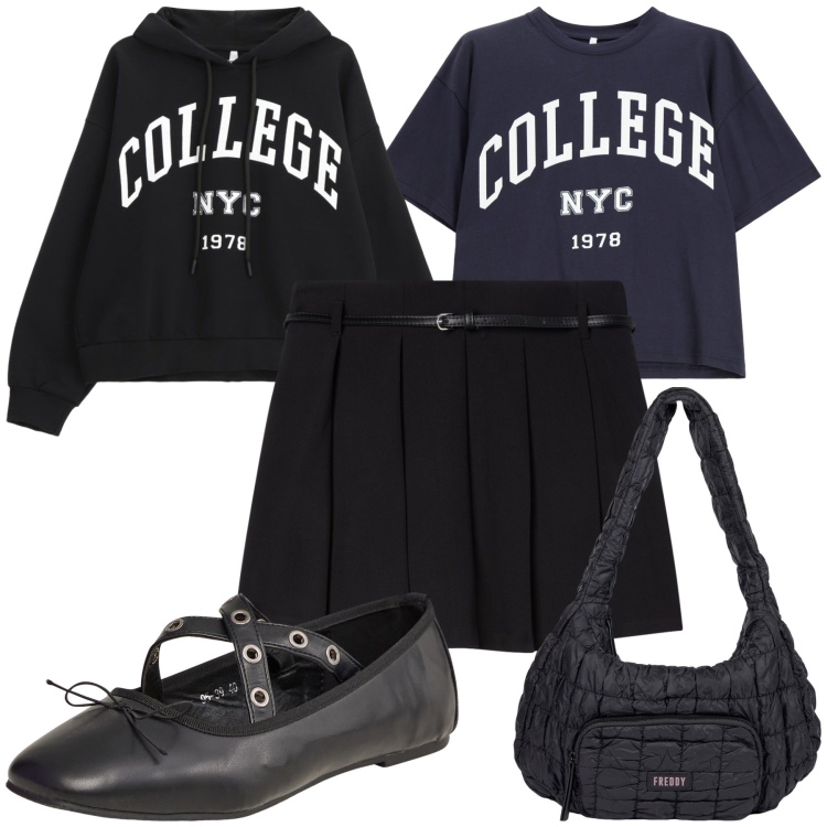 Outfit donna - Preppy girl preppy style. Stile Preppy per Tutti i giorni. Abbinamento con minigonne, ballerine, t-shirt, felpe con cappuccio, borse a spalla.