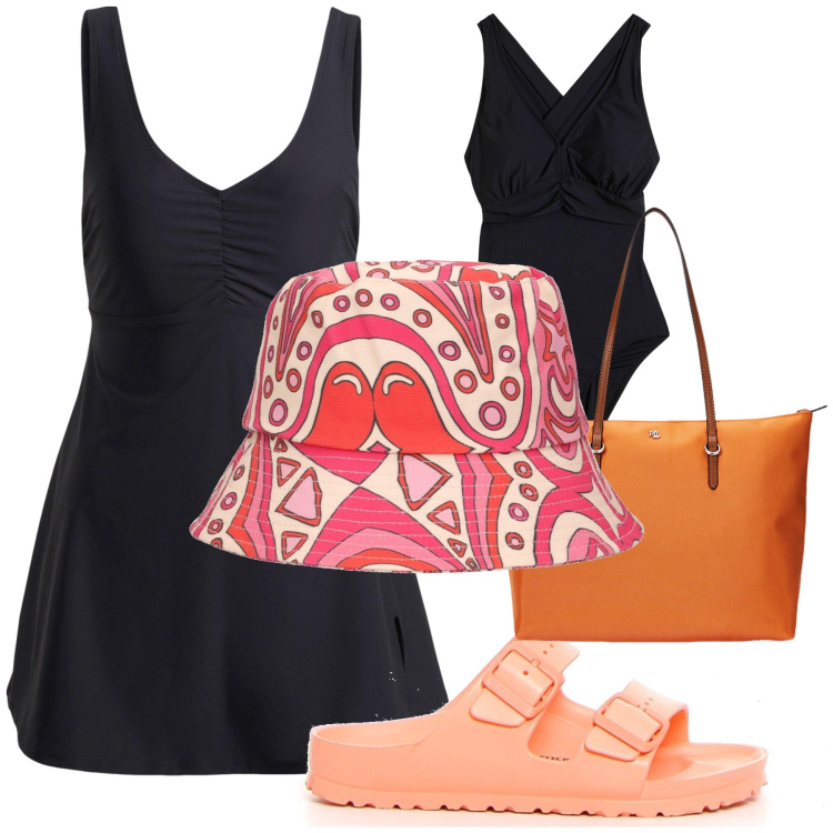 Outfit donna - Il colore nei dettagli. Stile Basic per Mare. Abbinamento con costumi interi, vestiti da spiaggia, borse tote, cappelli, ciabatte.