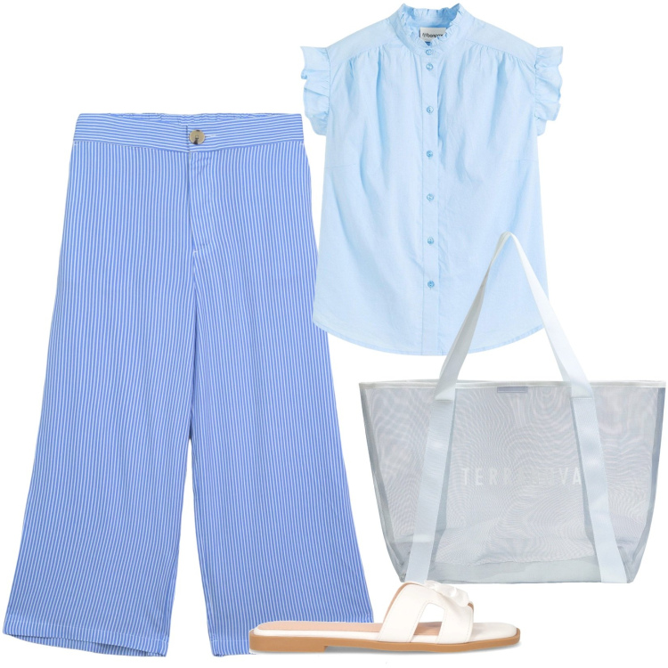 Outfit donna - Total look #2219110. Stile Basic per Tutti i giorni. Abbinamento con bluse, pantaloni a palazzo, shopping bag, ciabatte.