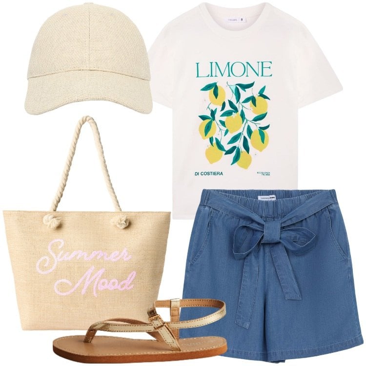 Outfit donna - Terranova - Vacanze in Riviera. Stile Basic per Tutti i giorni. Abbinamento con shorts, t-shirt, borse tote, cappelli con visiera, ciabatte.