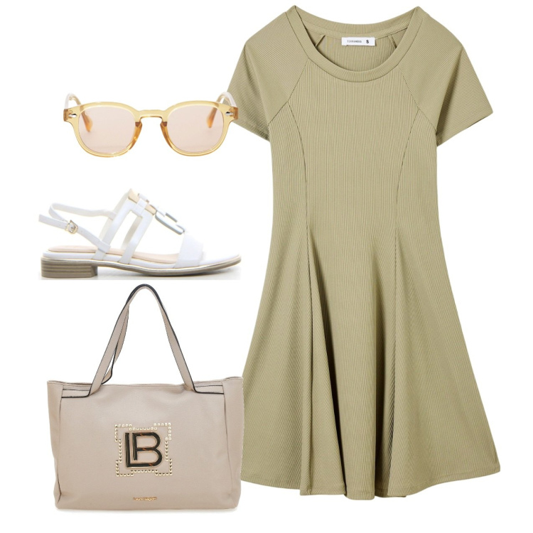Outfit donna - Bon ton in maglina. Stile Bon Ton per Tutti i giorni. Abbinamento con vestiti corti, occhiali da sole, borse a spalla, sandali.