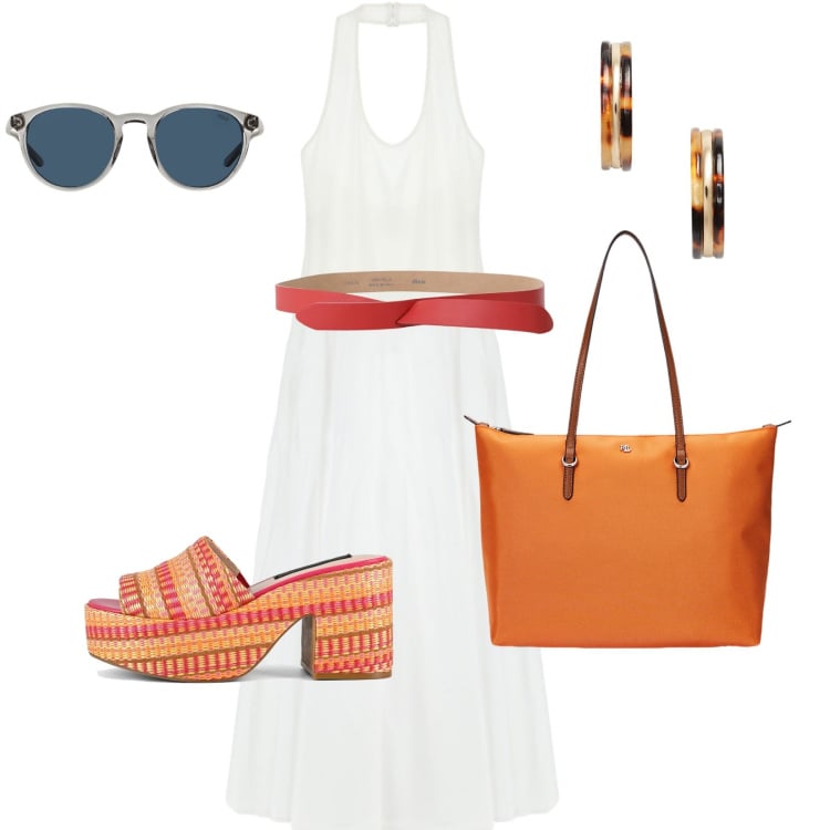 Outfit donna - Un tocco di arancione. Stile Casual chic per Tutti i giorni. Abbinamento con vestiti lunghi, cinture, borse tote, orecchini, occhiali da sole, zeppe.