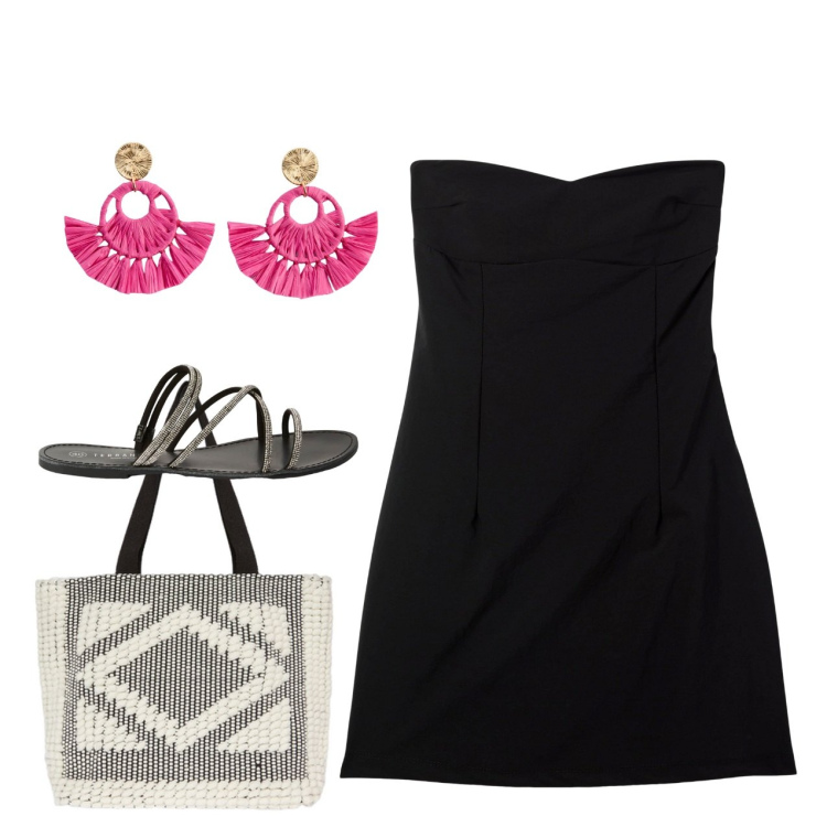 Outfit donna - Ventagli fucsia. Stile Chic per Serata fuori. Abbinamento con orecchini, vestiti, sandali, shopping bag.