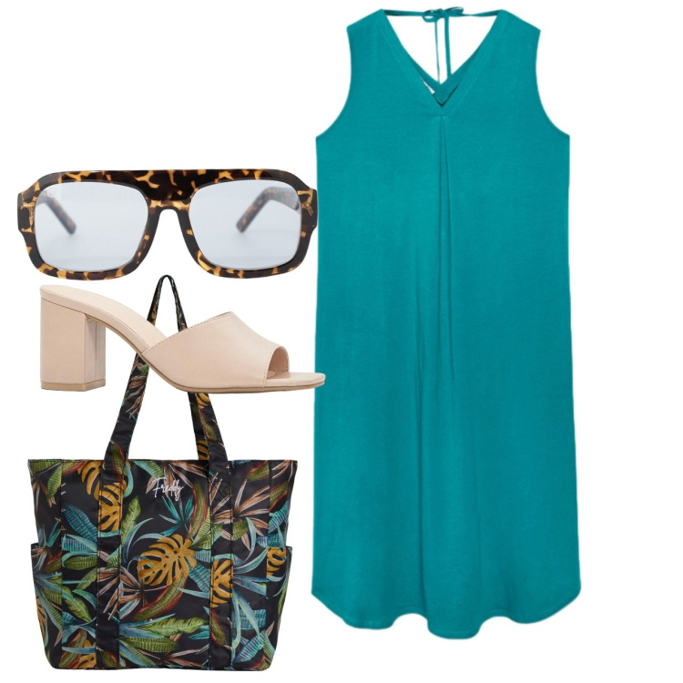 Outfit donna - Azzurrina. Stile Bon Ton per Tutti i giorni. Abbinamento con sandali col tacco, occhiali da sole, shopping bag, vestiti midi/longuette.