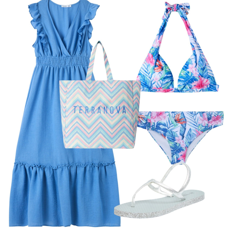 Outfit donna - Tra cielo e mare. Stile Casual chic per Mare. Abbinamento con vestiti lunghi, bikini, sandali, borse tote, bikini.