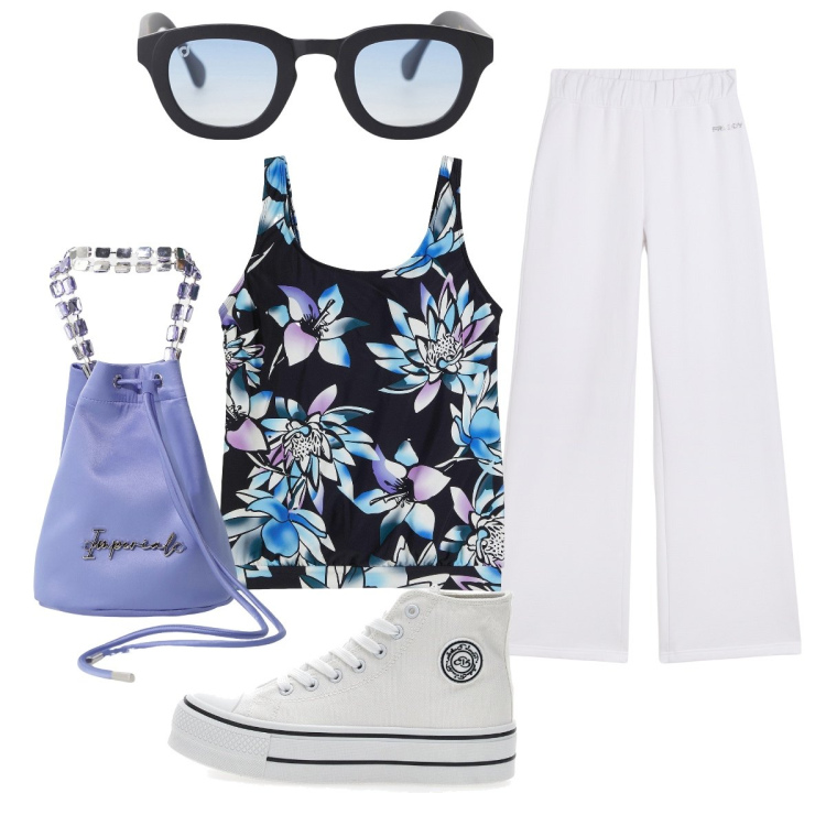 Outfit donna - Semplice ma stilosa. Stile Minimal per Tutti i giorni. Abbinamento con top, borse a secchiello, occhiali da sole, pantaloni, sneakers.