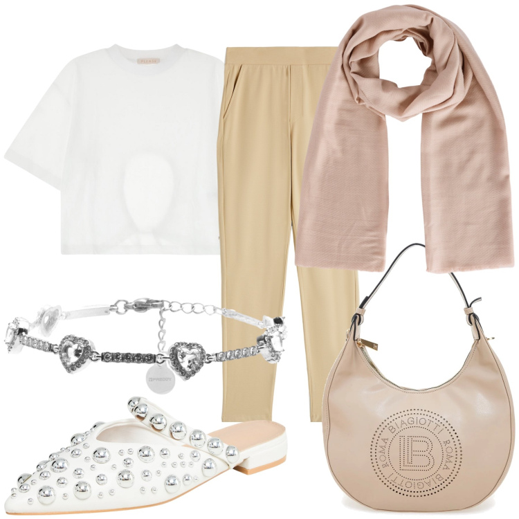 Outfit donna - Toni neutri. Stile Urban per Tutti i giorni. Abbinamento con ballerine, foulard, t-shirt, pantaloni, braccialetti, borse a spalla.