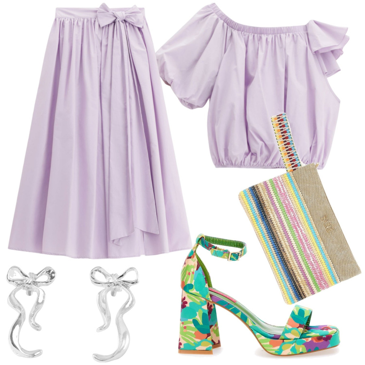 Outfit donna - Romanticismo trendy. Stile Glamour per Tutti i giorni. Abbinamento con orecchini, top, gonne lunghe, sandali col tacco, pochette.