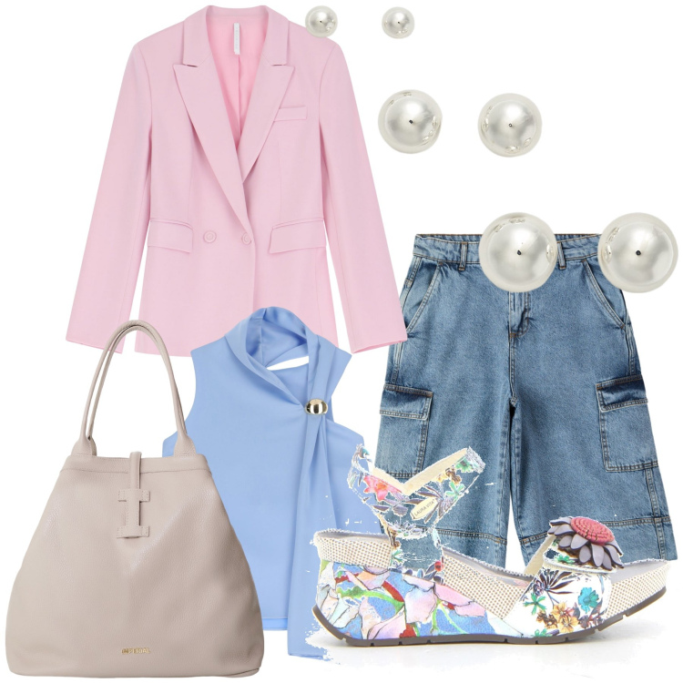 Outfit donna - Mix agostiano per l ufficio estivo. Stile Trendy per Ufficio. Abbinamento con shorts, top, borse tote, blazer, orecchini, sandali.