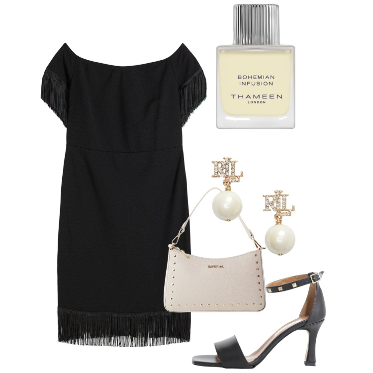Outfit donna - Evento formale. Stile Chic per Serata fuori. Abbinamento con vestiti, profumi, sandali col tacco, borse a spalla, orecchini.