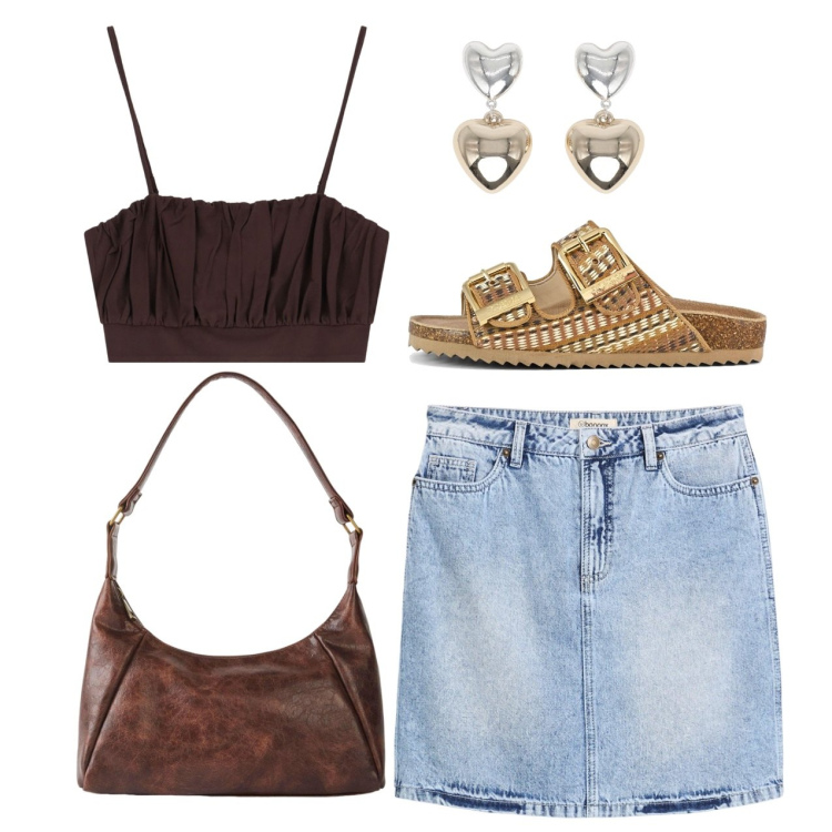 Outfit donna - Mini denim. Stile Casual chic per Tutti i giorni. Abbinamento con borse a mano, minigonne, orecchini, top, sandali.