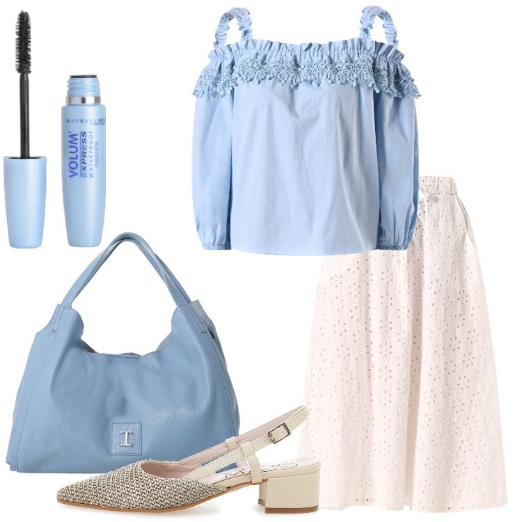 Outfit donna - Sangallo e pizzi. Stile Romantica per Serata fuori. Abbinamento con mascara, gonne longuette, bluse, pochette, ballerine.