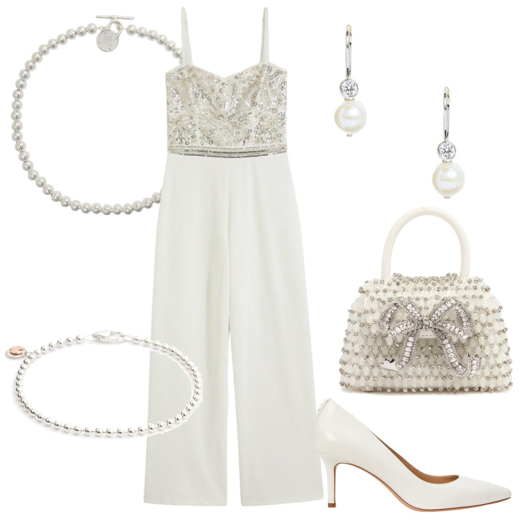 Outfit donna - Tuta da sposa. Stile Chic per Cerimonia. Abbinamento con tute, décolleté, collane, orecchini, borse a mano, braccialetti.