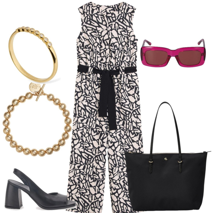 Outfit donna - Ufficio. Stile Casual chic per Ufficio. Abbinamento con tute, borse tote, braccialetti, sandali, occhiali da sole, anelli.