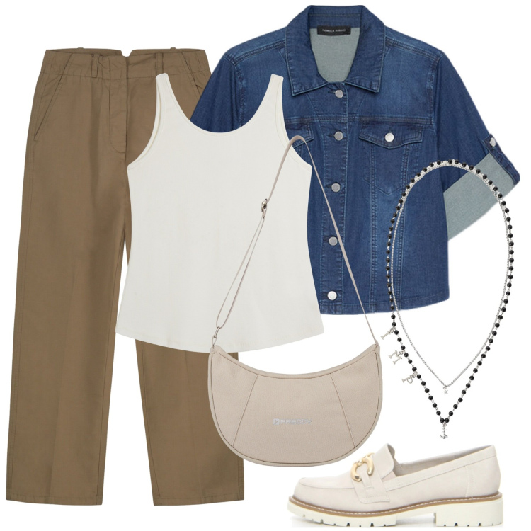 Outfit donna - Cachi in città. Stile Military per Tutti i giorni. Abbinamento con collane, borse a spalla, top, mocassini, blazer, pantaloni.